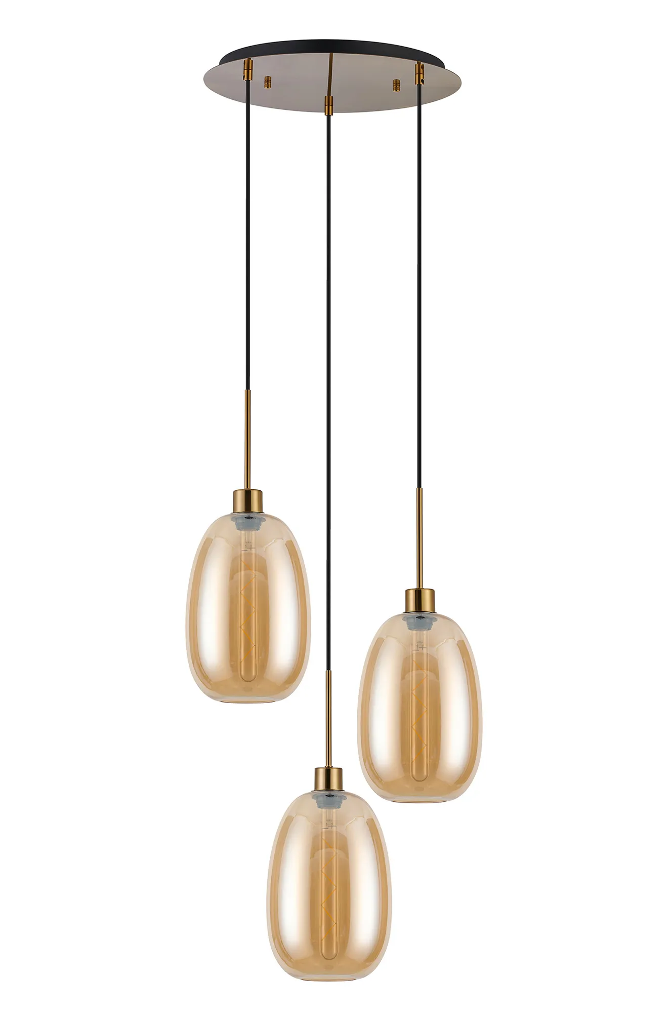 Lori 40cm Round Pendant, 3 Light Adjustable E27, Antique Gold/Amber Slim Curved Trapezium Shades DK1173  Deco Lori Antique Gold
